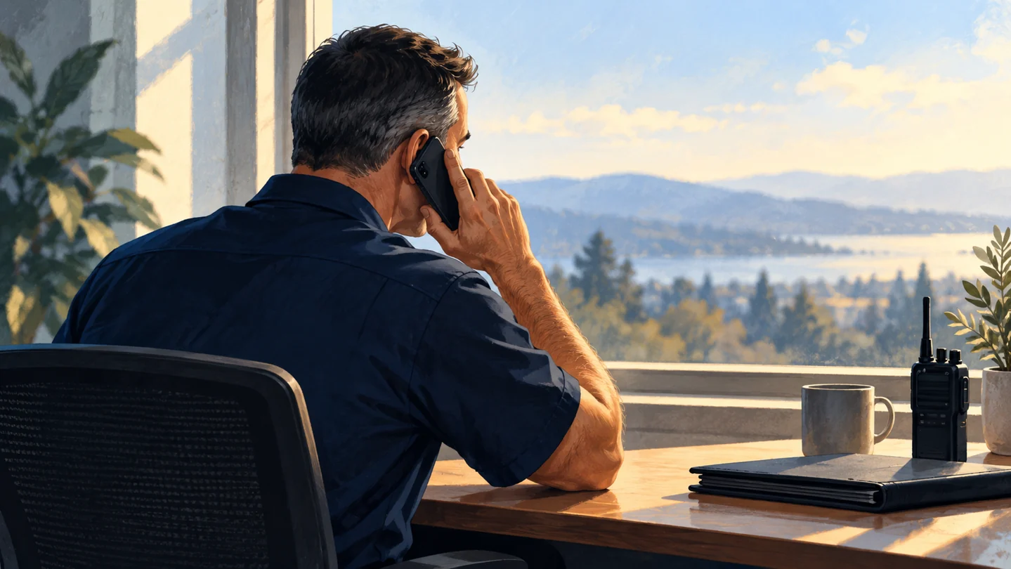 Conceptual illustration of a leader making a private phone call with his radio and work folder set aside
