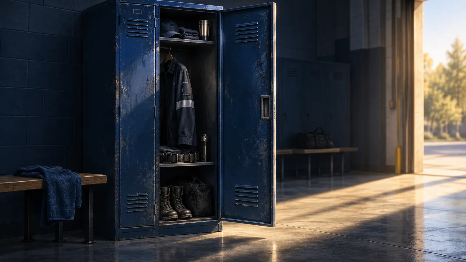 An open navy locker holding worn duty gear, with daylight reaching into the room