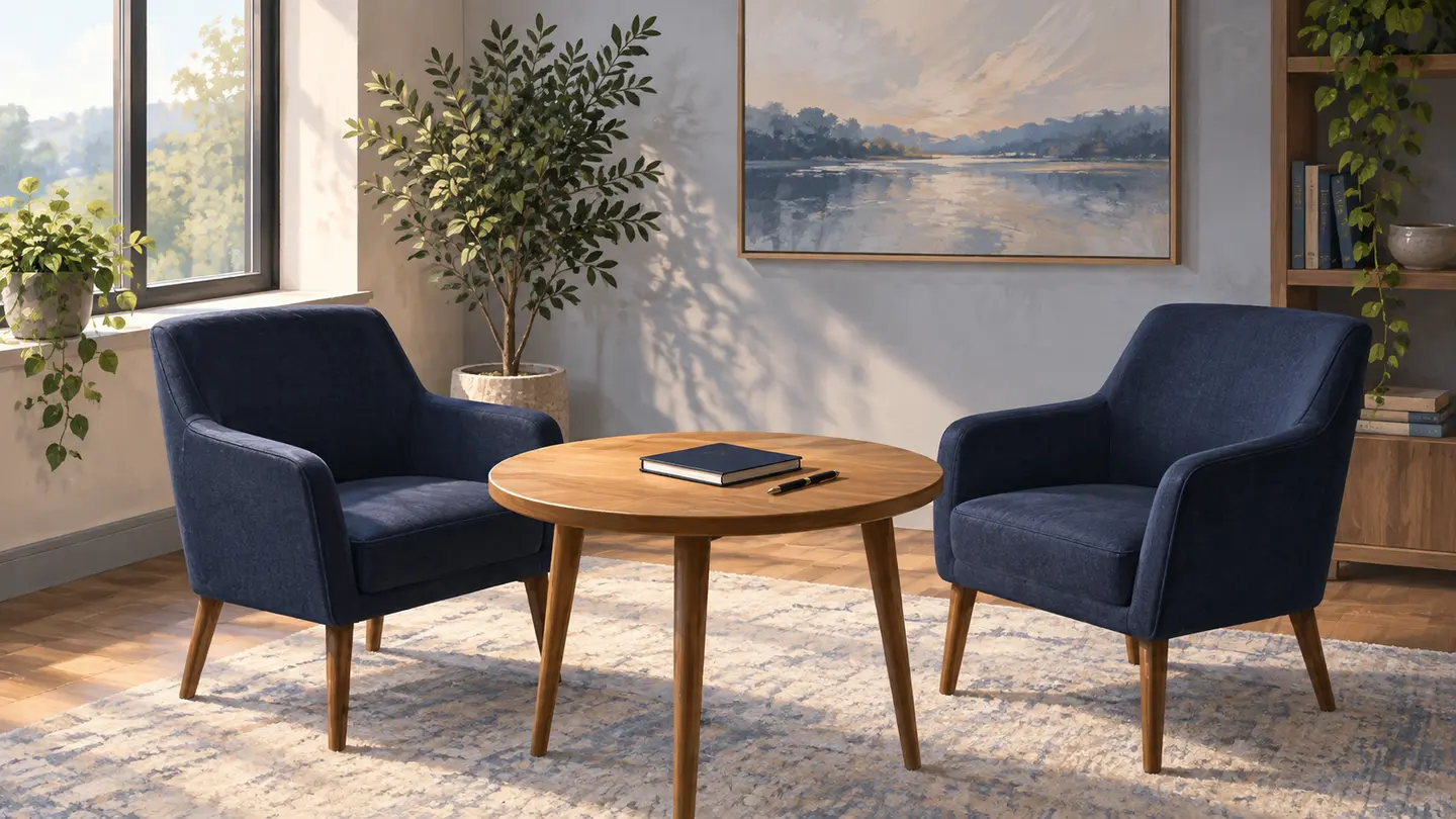 Illustration of two empty navy chairs beside a meeting table, ready for a conversation