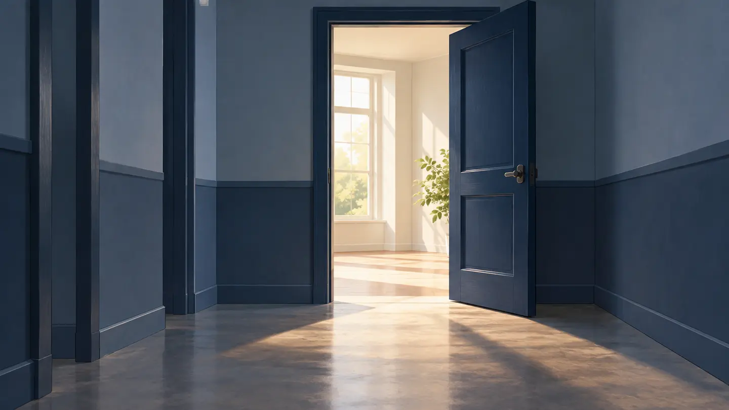 Illustration of an open navy door with a clear path into a sunlit room